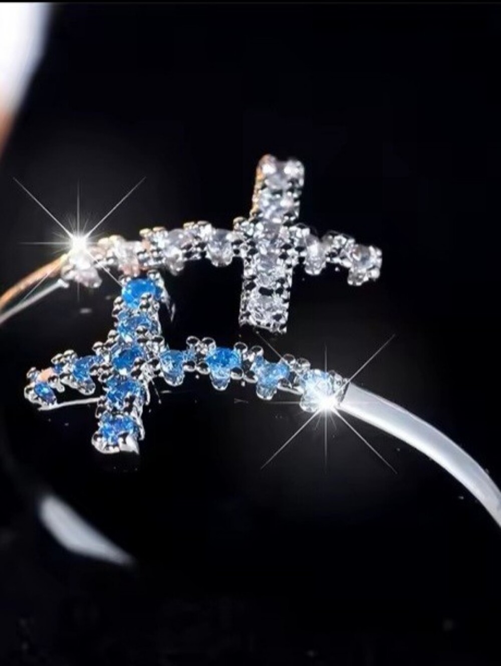 Silver Color Double Cross Adjustable Ring Blue White Crystal CZ Sparkling Gift